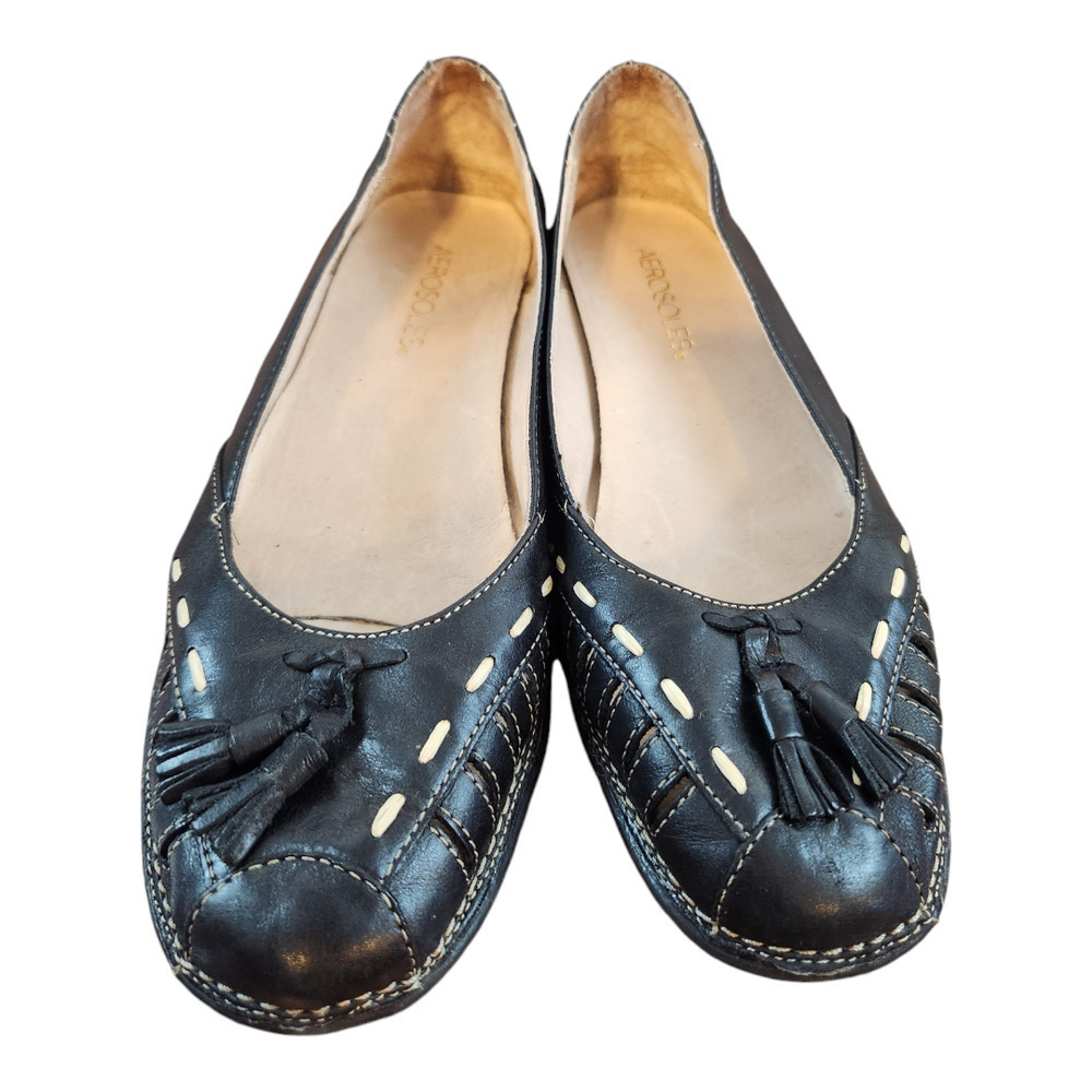 Aerosoles Open Ended Loafers Womens 7 Black Leather Tassel‎ Whipstitch Flats